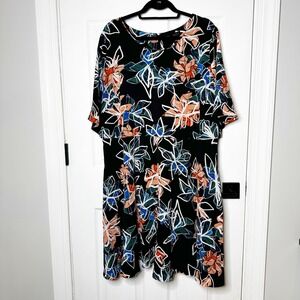 ELOQUII Black‎ Floral Print Fit Flare Dress Size 20 Midi 3/4 Sleeve